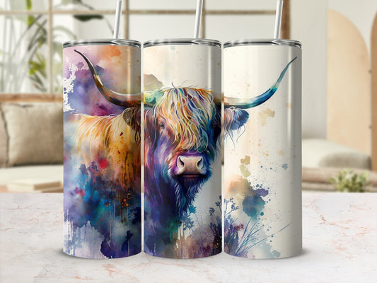 Watercolor highland cow with long horns on a skinny tumbler.