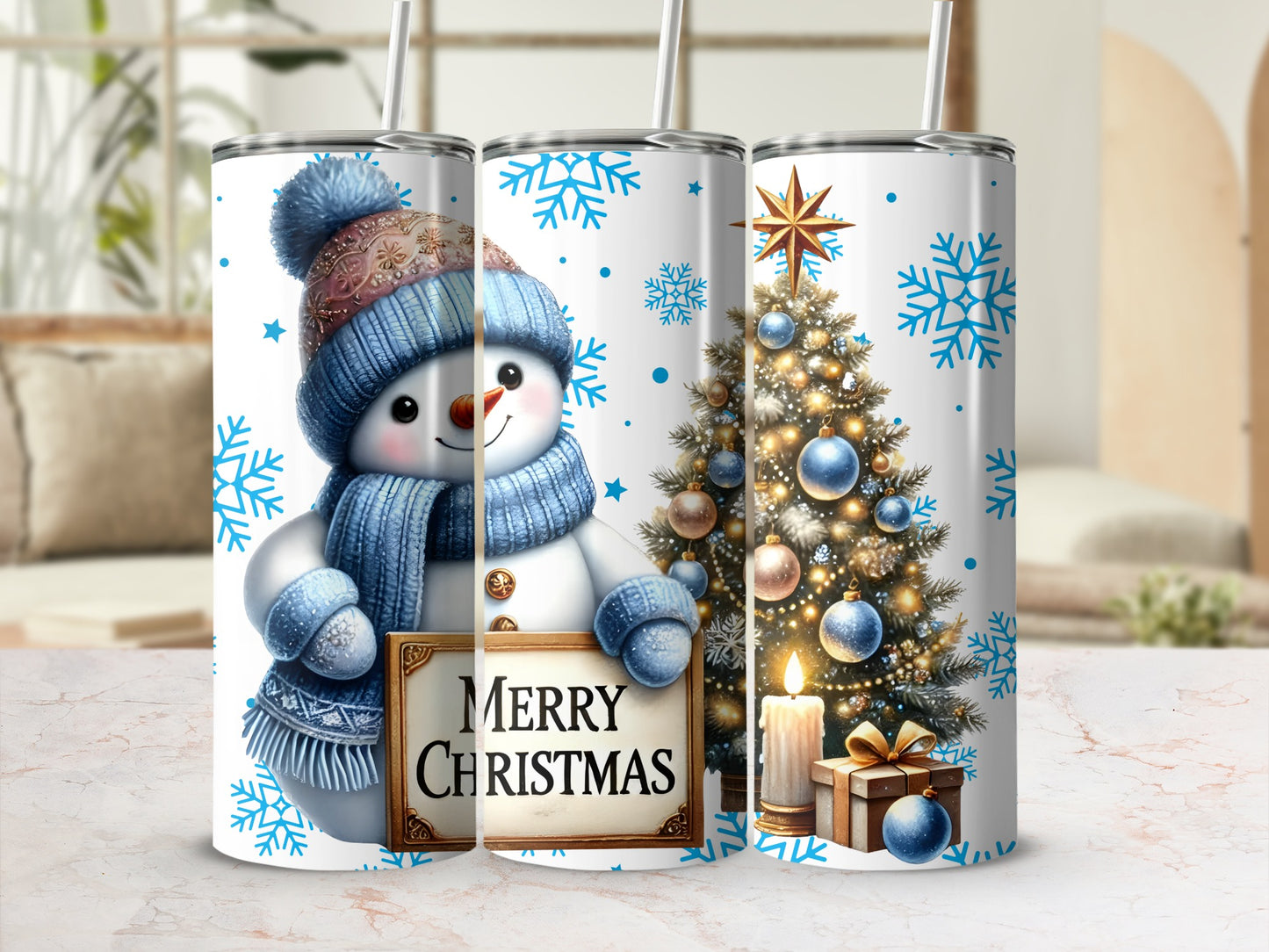 Snowman and Christmas Tree Design Tumbler Cup