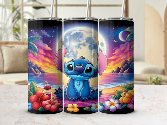 Stitch sits on a beach with a large moon and tropical flowers.
