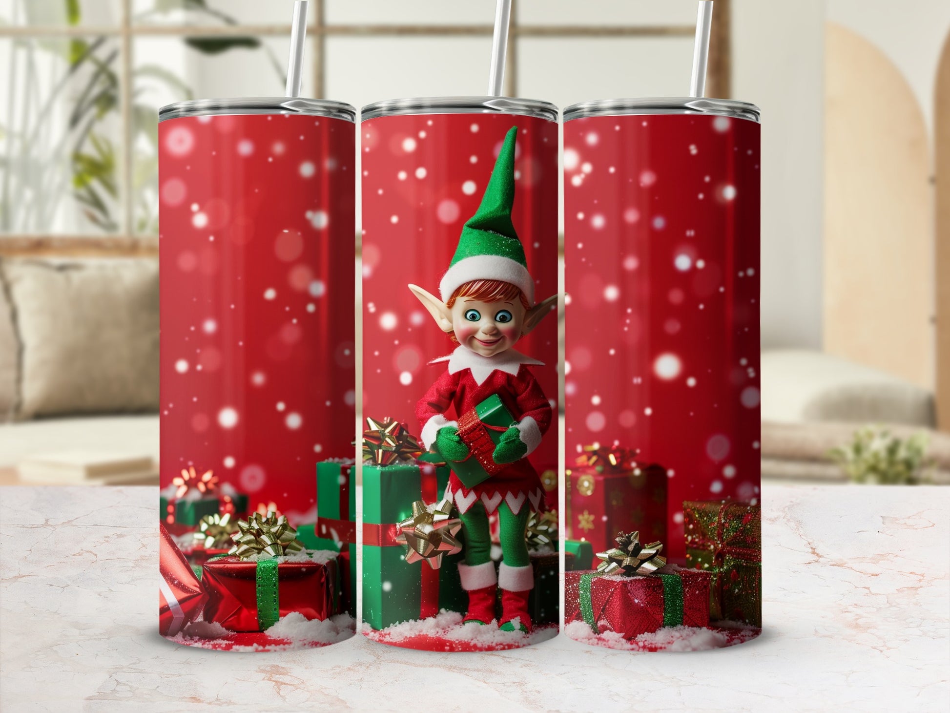 Festive Elf and Gifts Red Background Tumbler