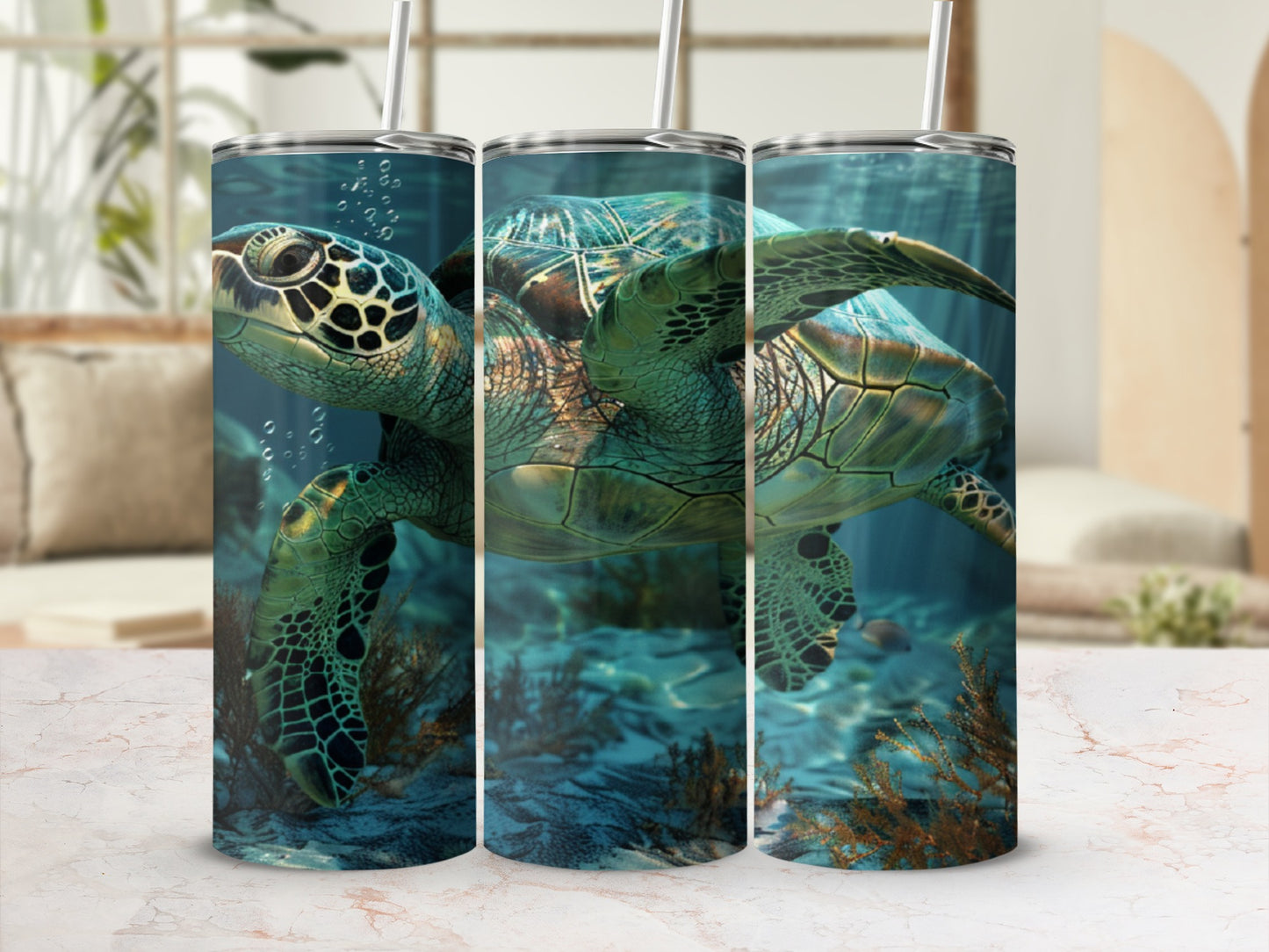 Sea turtle swimming underwater with coral and bubbles.