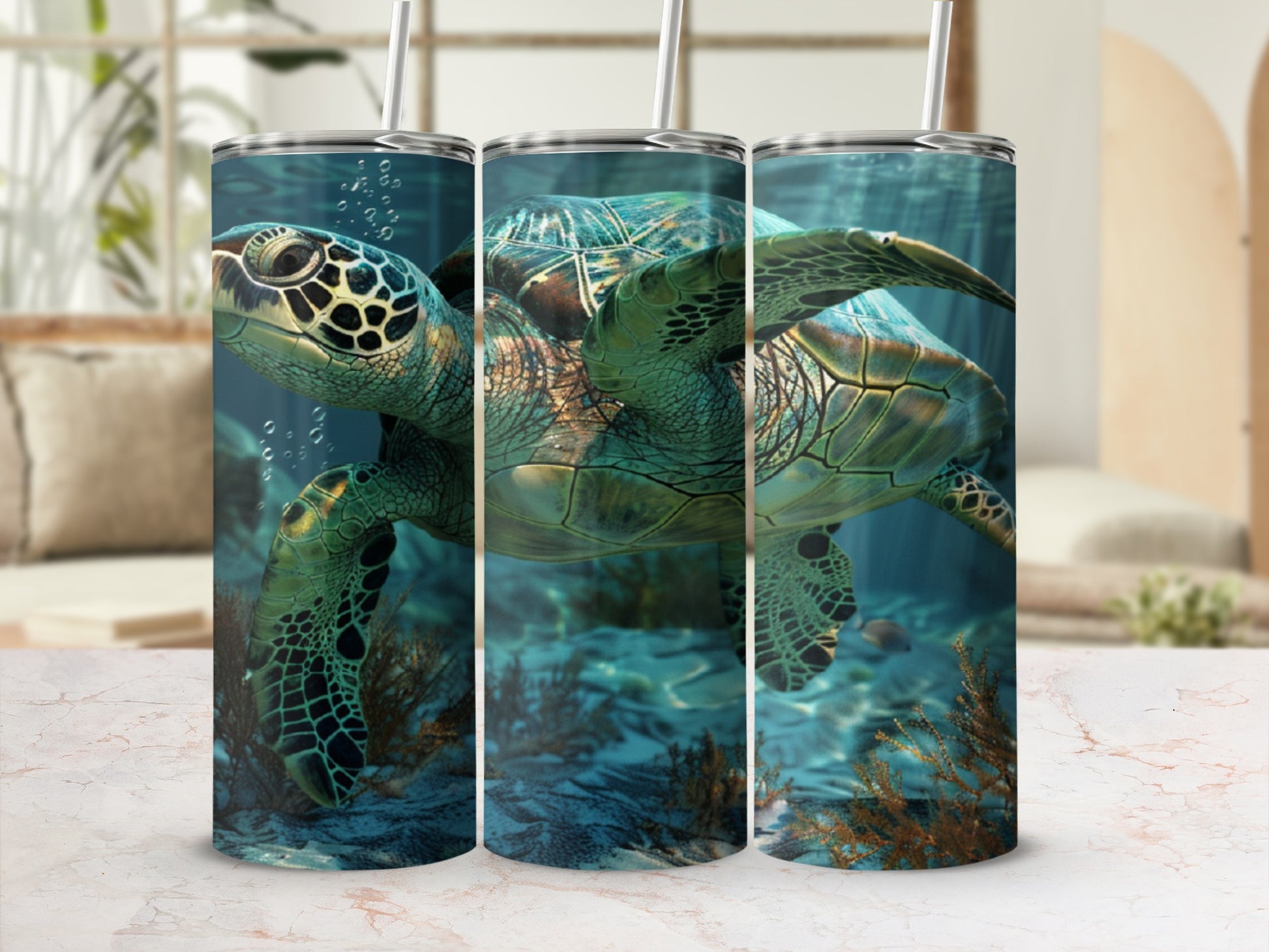 Sea turtle swimming underwater with coral and bubbles.