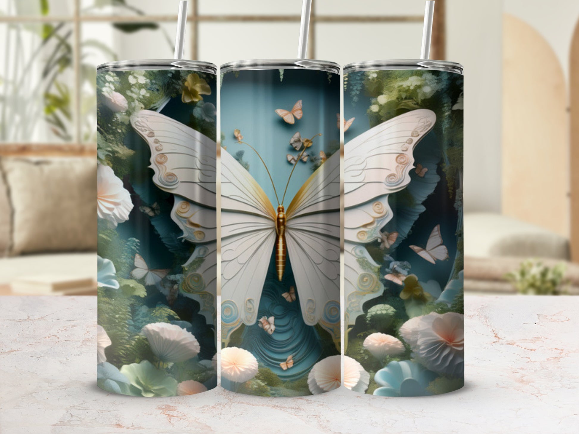 White butterfly with floral patterns on a blue background, set of three tumblers.