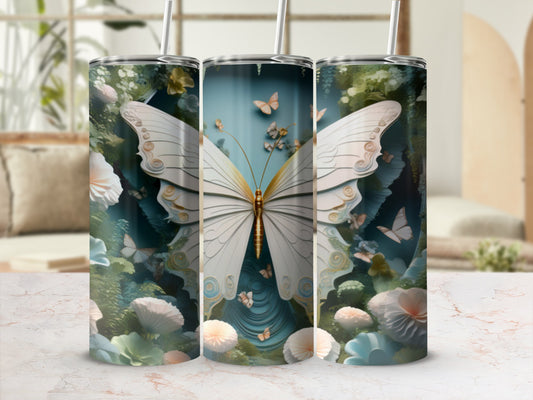 White butterfly with floral patterns on a blue background, set of three tumblers.