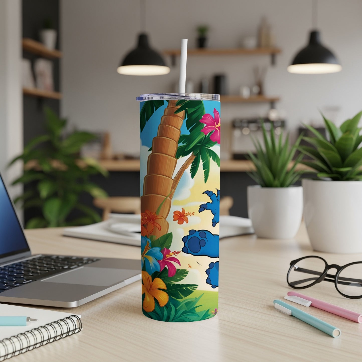 Tropical palm tree and Stitch characters on a tumbler with a straw.