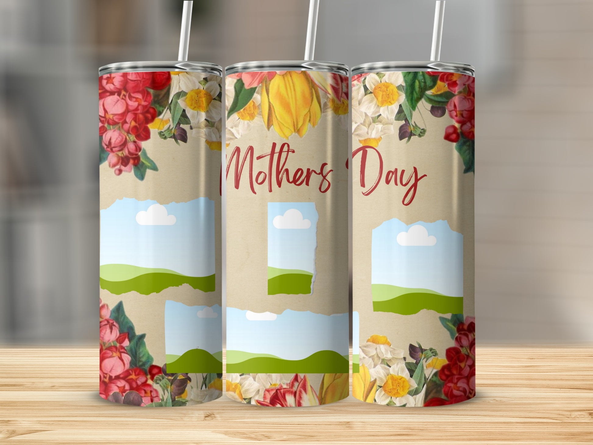 Three tumblers with floral designs and "Mother's Day" text, featuring torn paper photo frames.