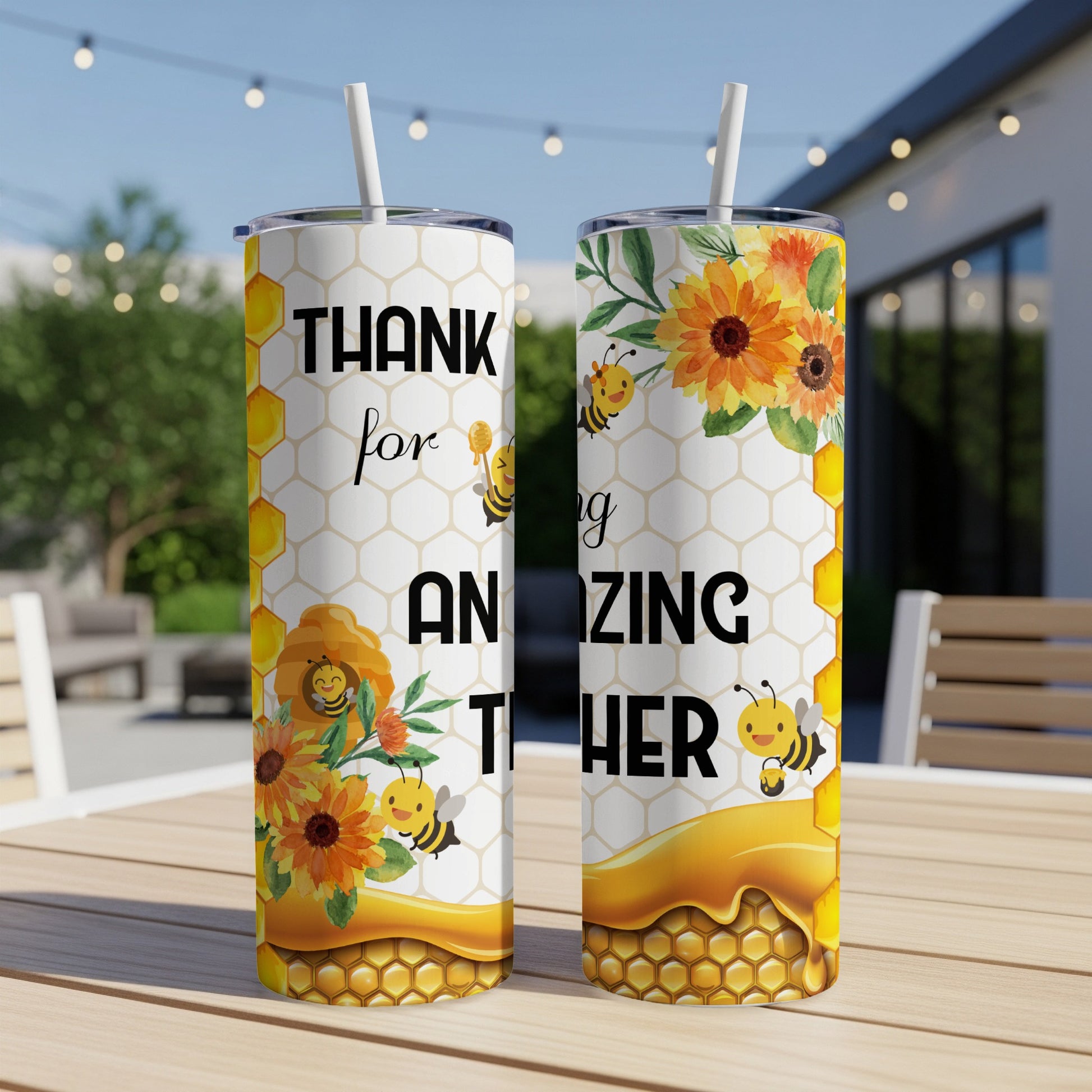 Tumbler with sunflowers, bees, and "Thank you for being an amazing teacher."