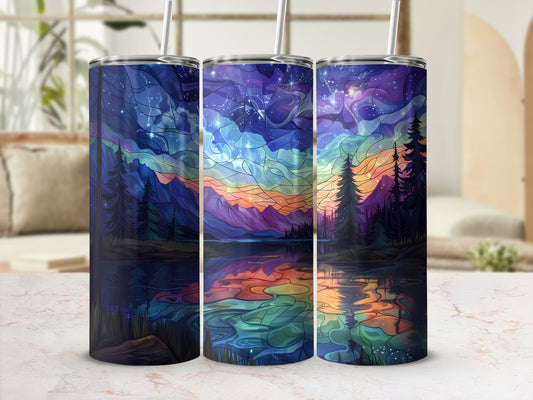 Three tumblers feature a vibrant starry night sky over a reflective lake.