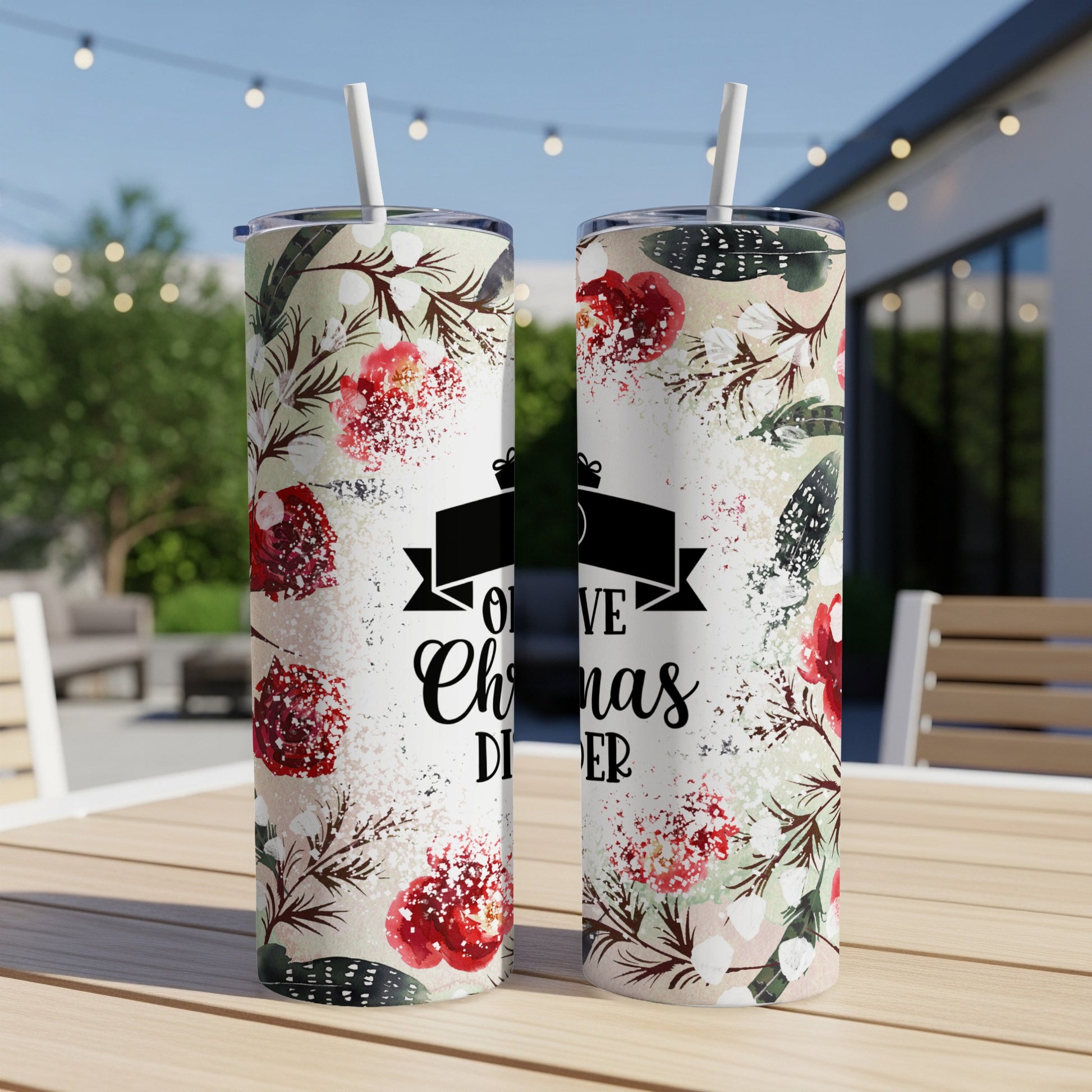Two floral patterned tumblers with "Oh, Give Christmas Cheer" text.