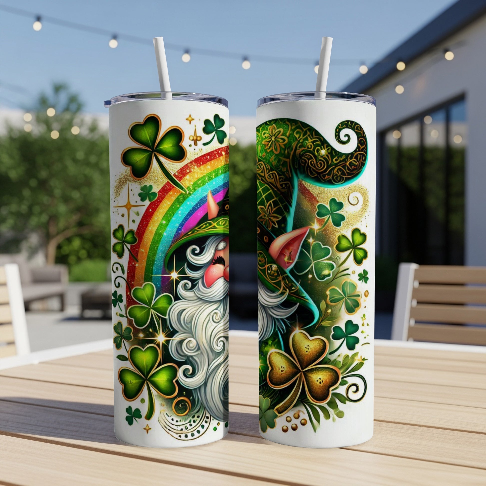 Two St. Patrick's Day themed tumblers with leprechauns, shamrocks, and rainbows.