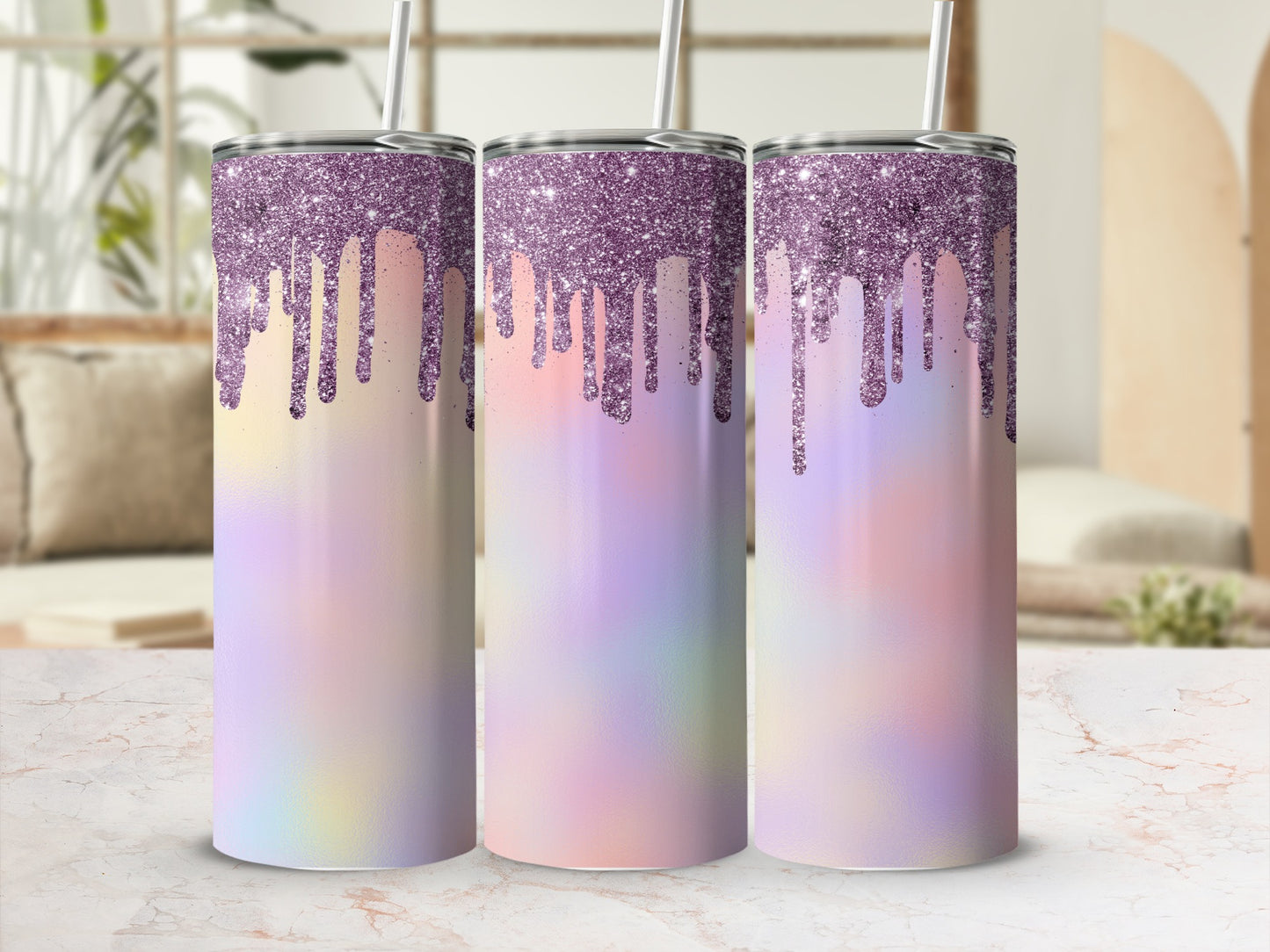 Three tumblers with purple glitter drips and pastel watercolor designs.