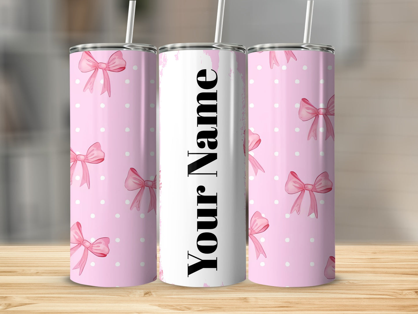 Personalized Pink Bow and Polka Dot Tumbler Cup