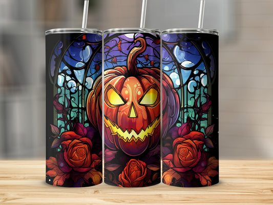 Three tumblers featuring a jack-o'-lantern and roses with a stained-glass background.