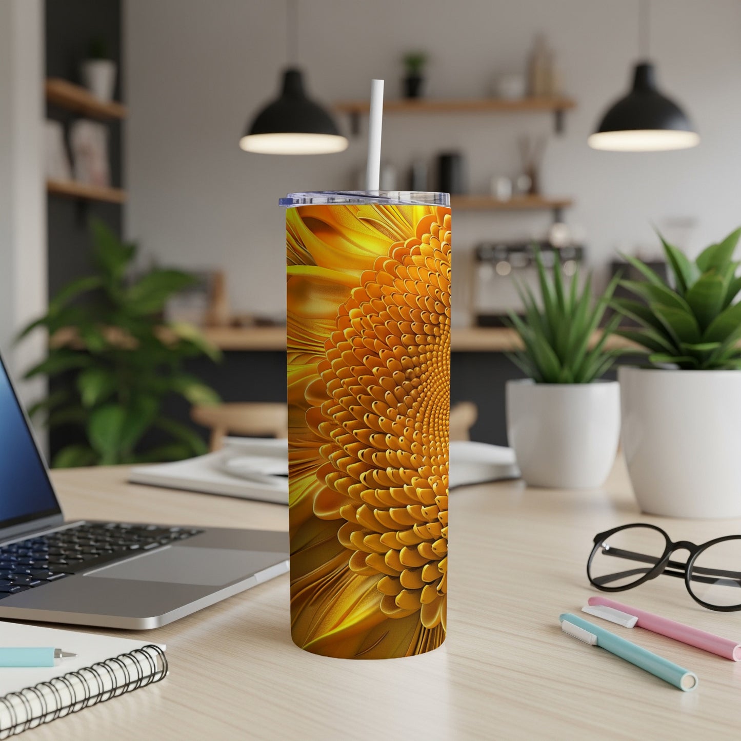Tall yellow tumbler with sunflower design on a desk.