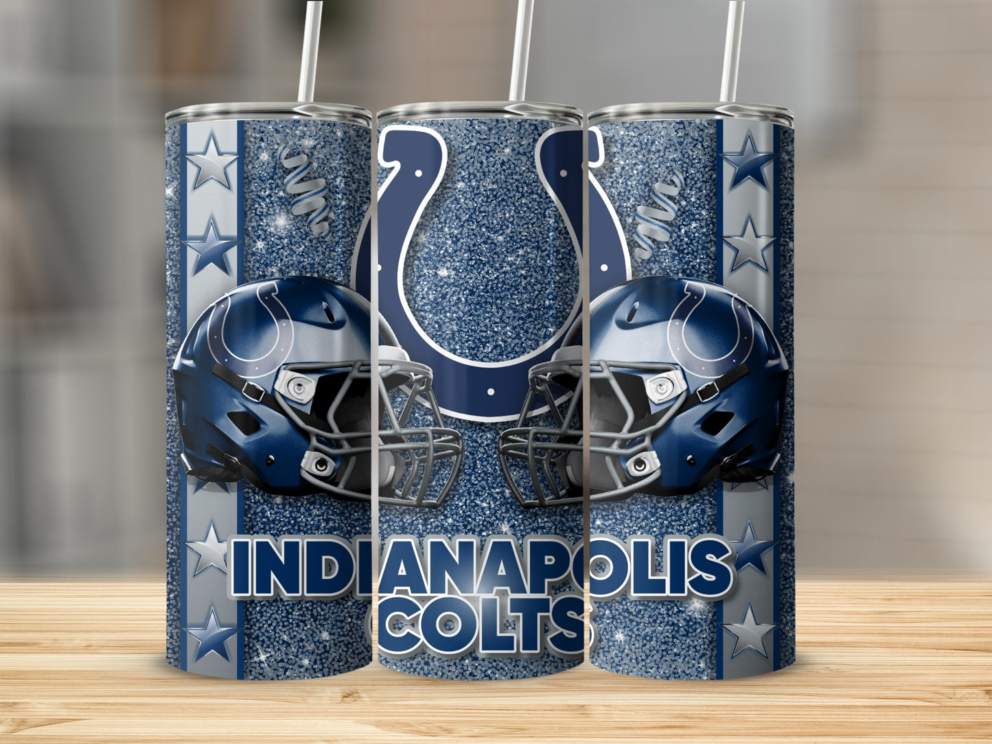 Indianapolis Colts Helmets Above Team Name with Horseshoe Tumblers