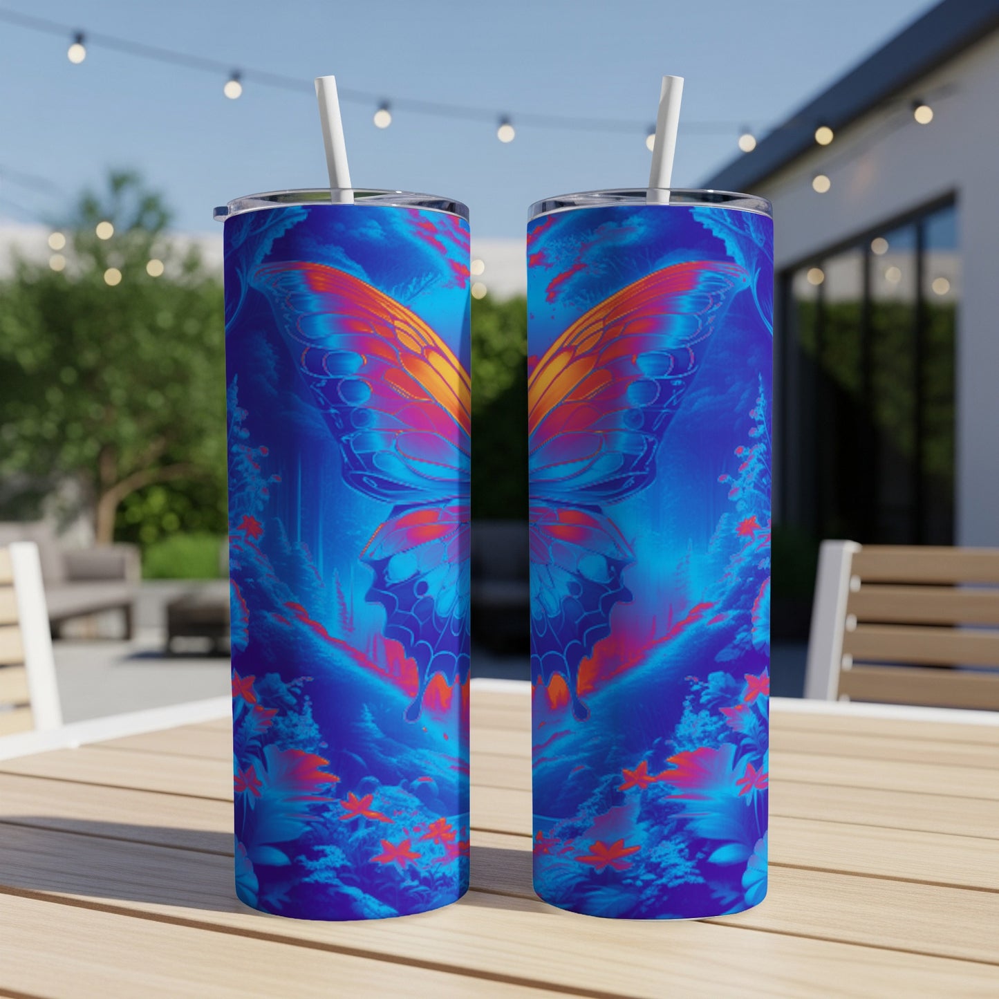 Two tall tumblers with a neon butterfly and forest design.