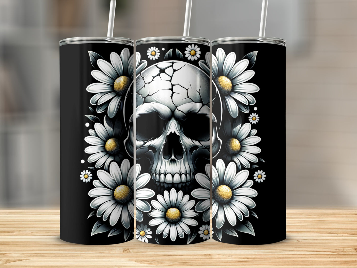 Black tumbler with a skull and daisies design.