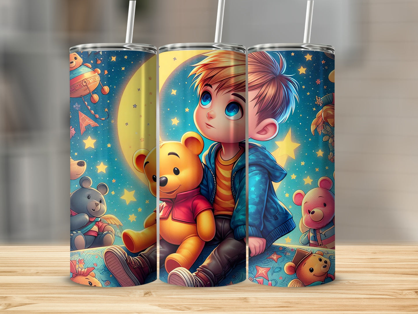 Boy with Winnie the Pooh and Bears Under Moon Stars Tumblers