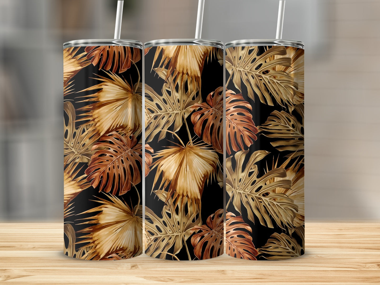 Tropical Palm Leaves Black Background Tumbler