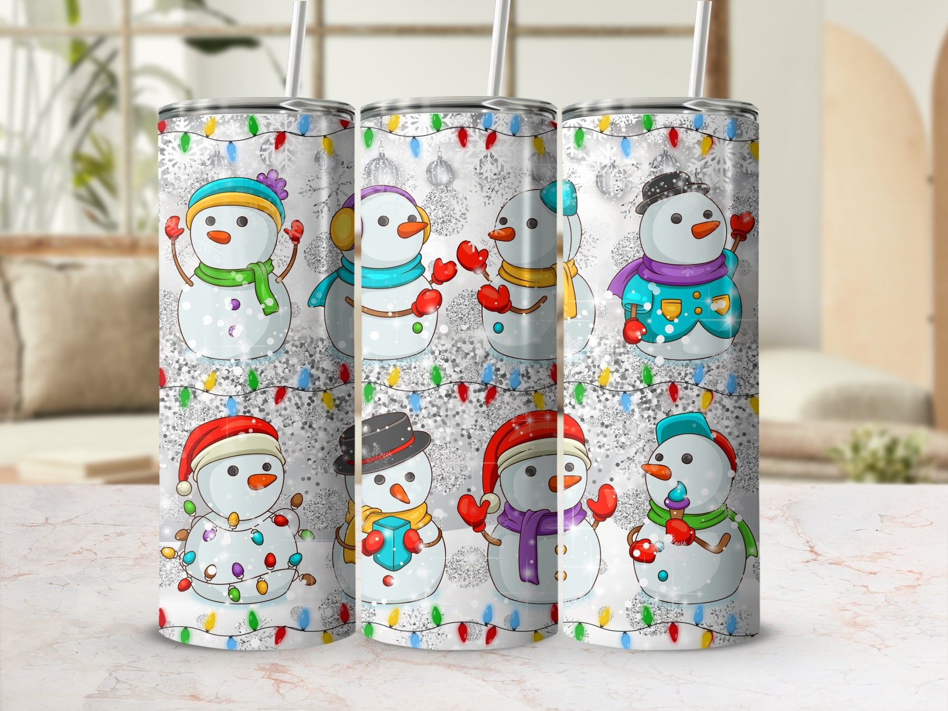Row of four snowmen with hats and scarves, on a white background with fairy lights.