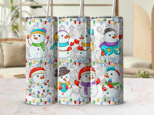Row of four snowmen with hats and scarves, on a white background with fairy lights.