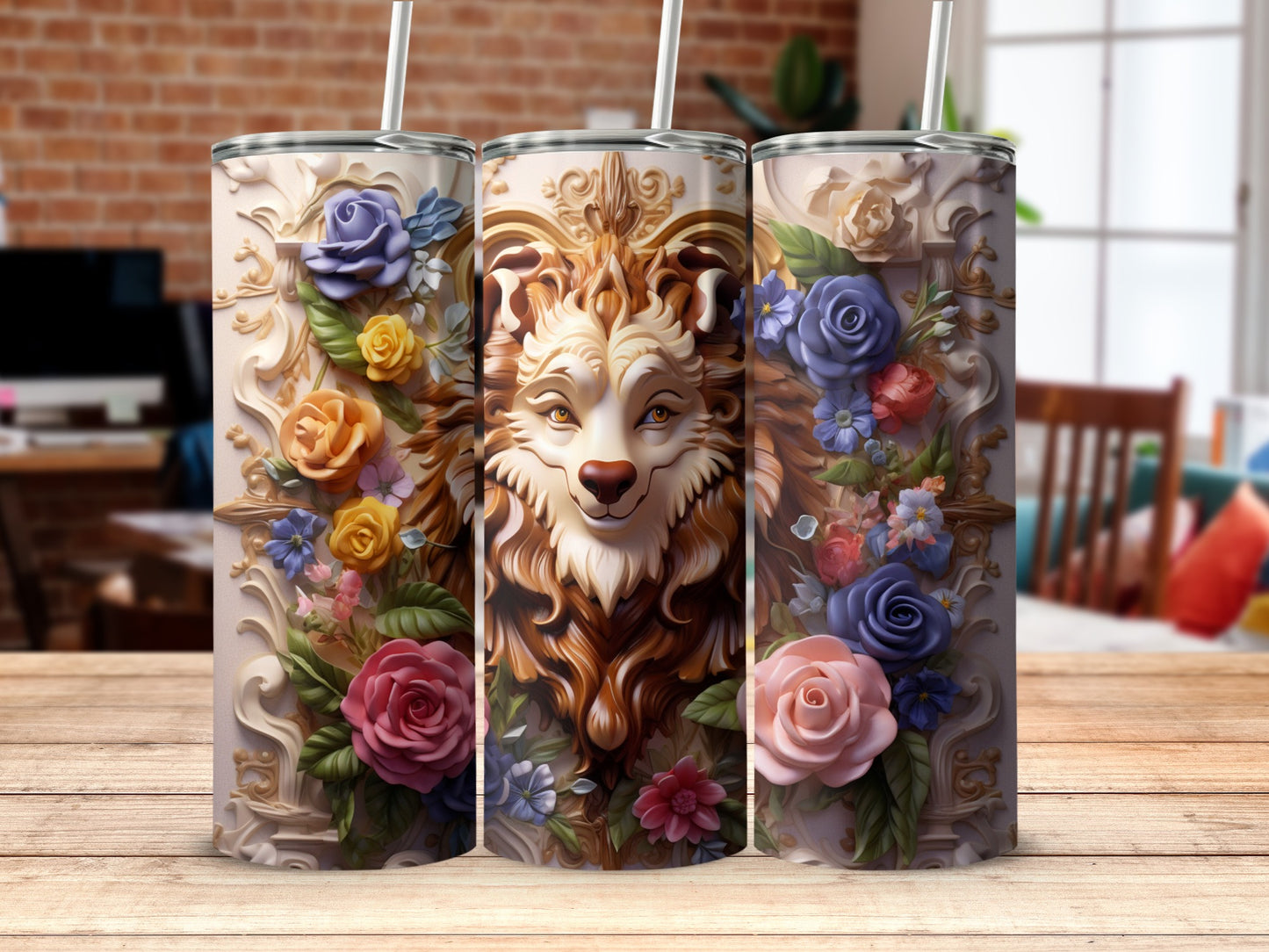 Intricately Detailed Lion and Floral Design Tumbler