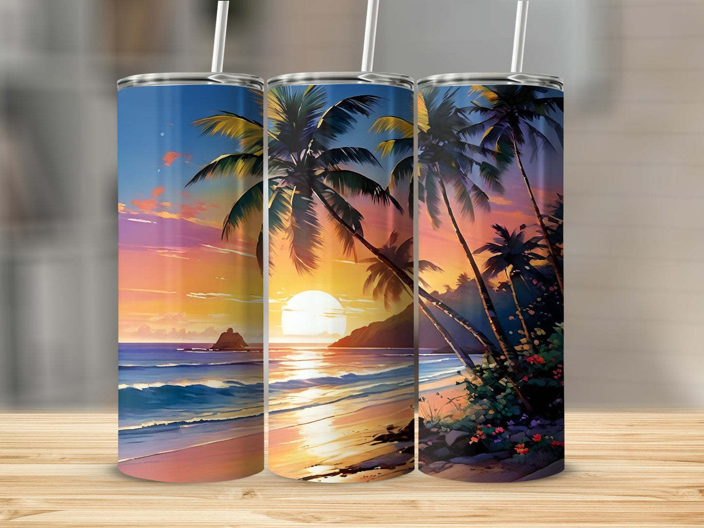 Tropical sunset beach scene on three tumblers with straws.