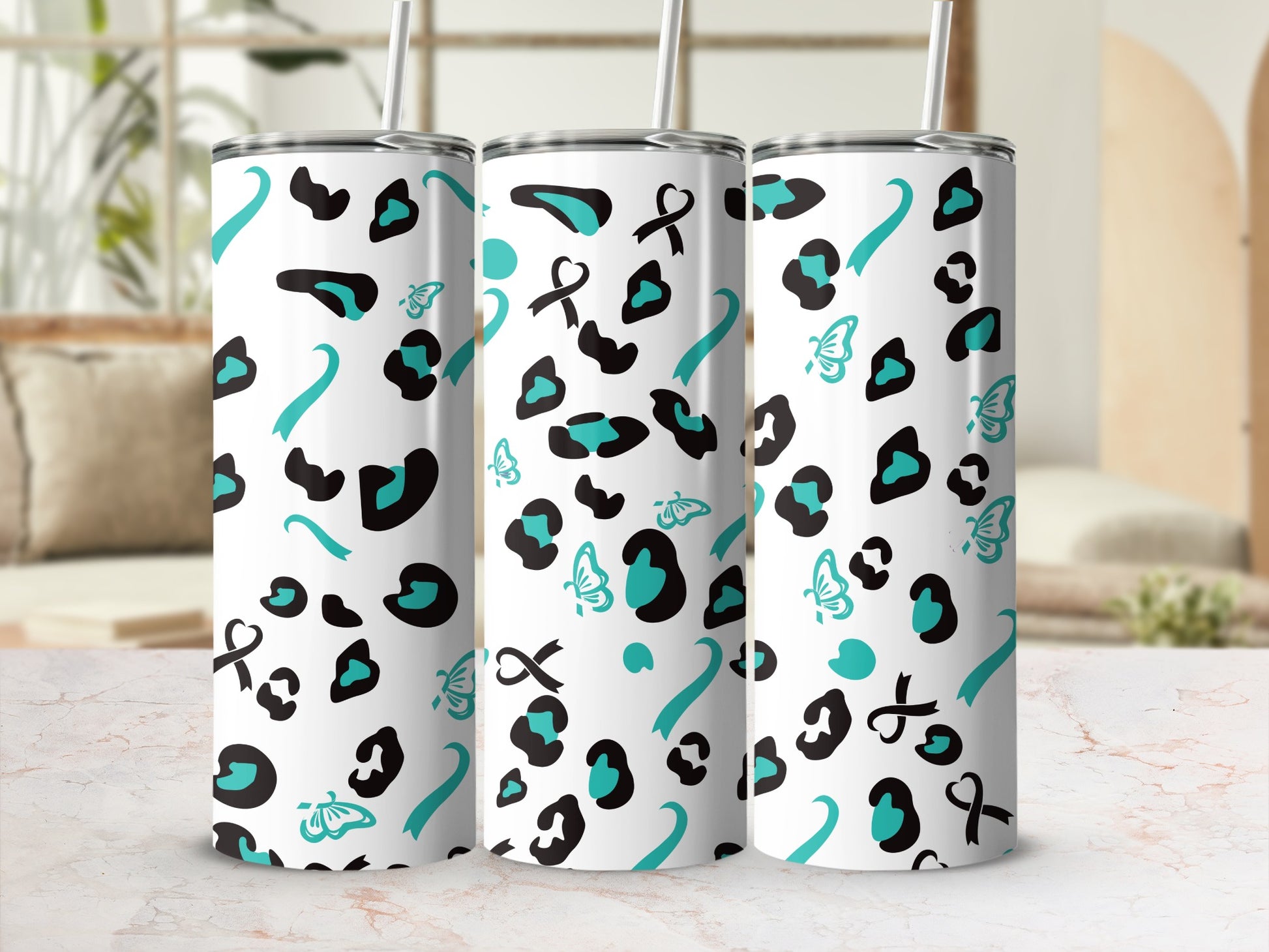 Teal and Black Leopard Print Tumbler with Straw