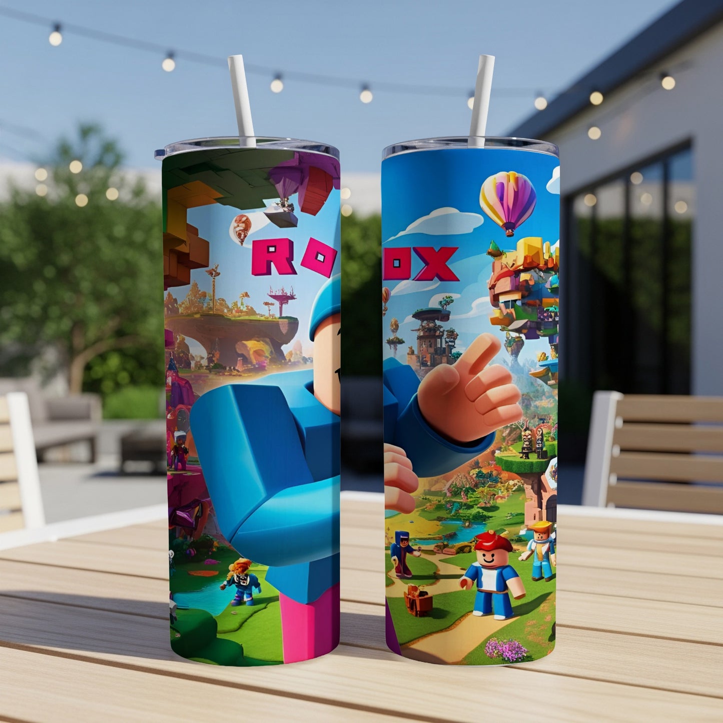 Roblox characters and game world on a tumbler with a straw.