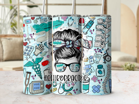 Tumbler with #Chiropractor medical doodles and stethoscope design.