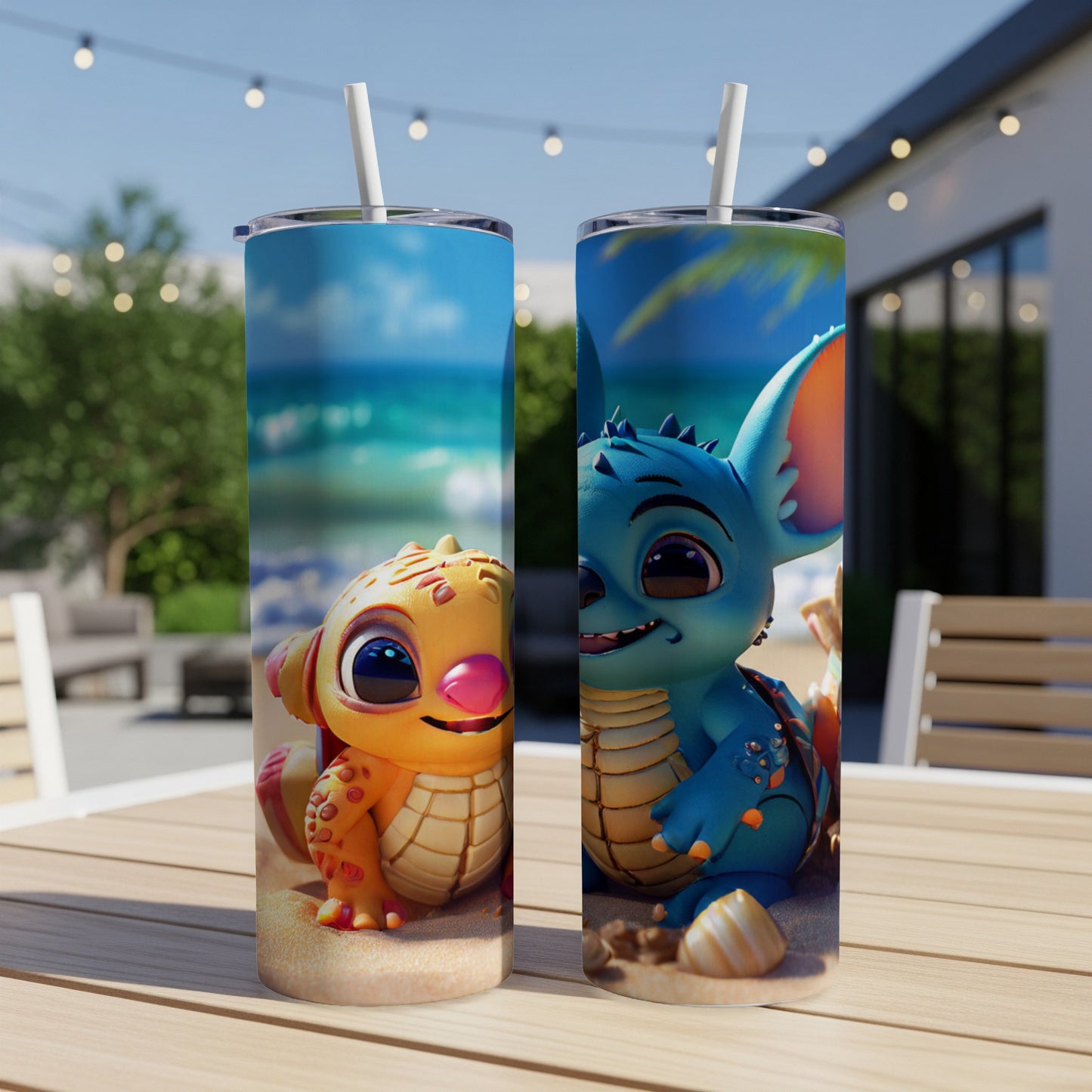 Two cartoon characters, Stitch and an orange dragon, on a beach-themed tumbler.