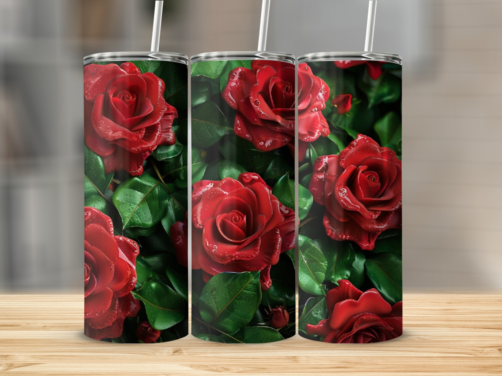 Three tumblers with red roses and green leaves pattern.