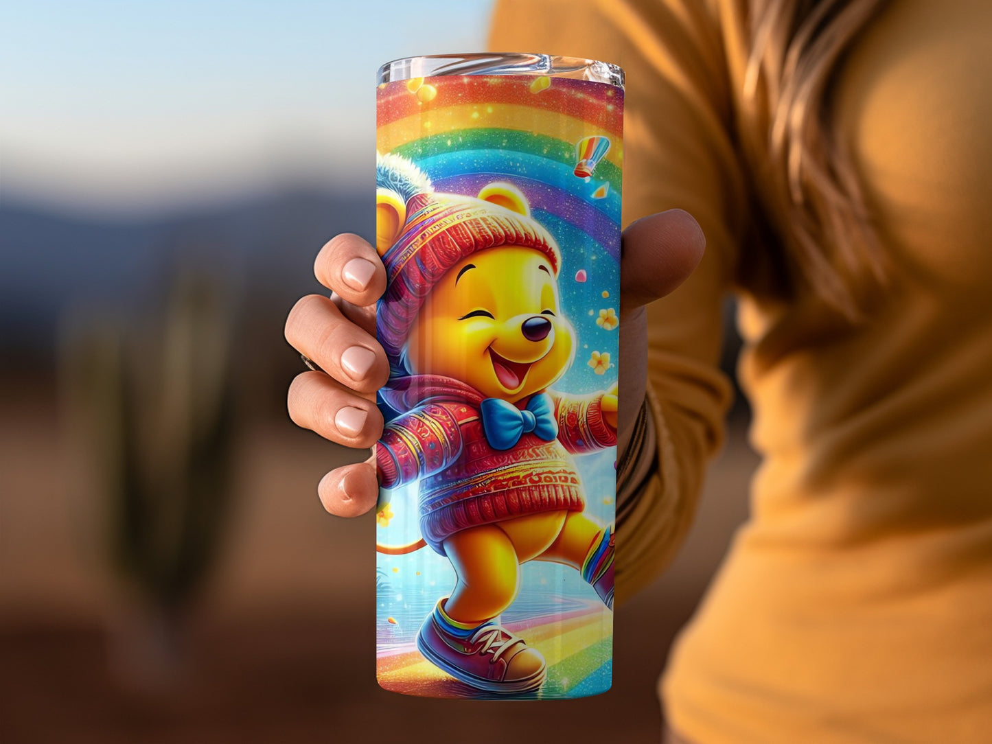 Colorful Bear with Rainbow and Butterflies Design Tumblers
