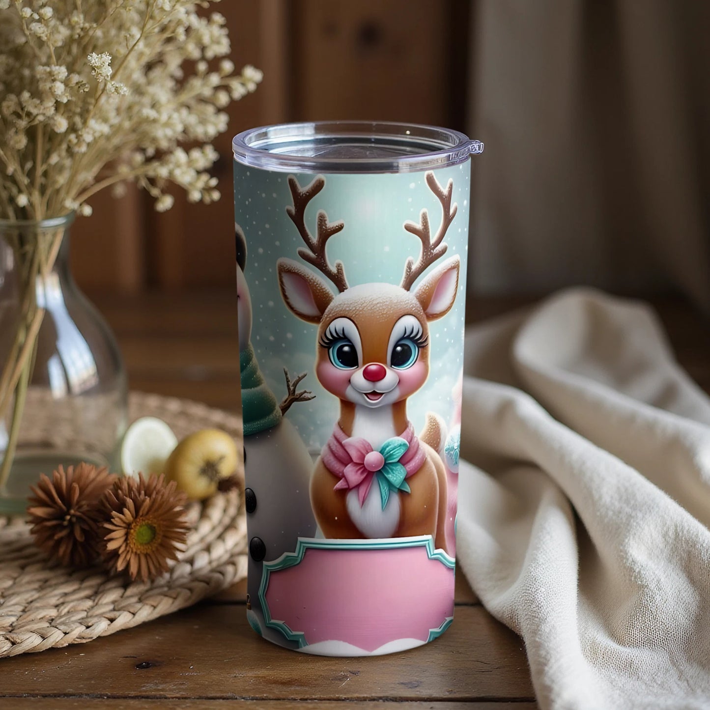Cute Reindeer with Bow and Snowflakes Tumbler