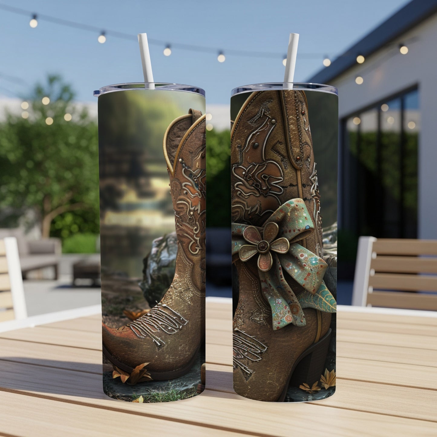 Brown embroidered cowboy boot tumbler with ribbon and floral accent.