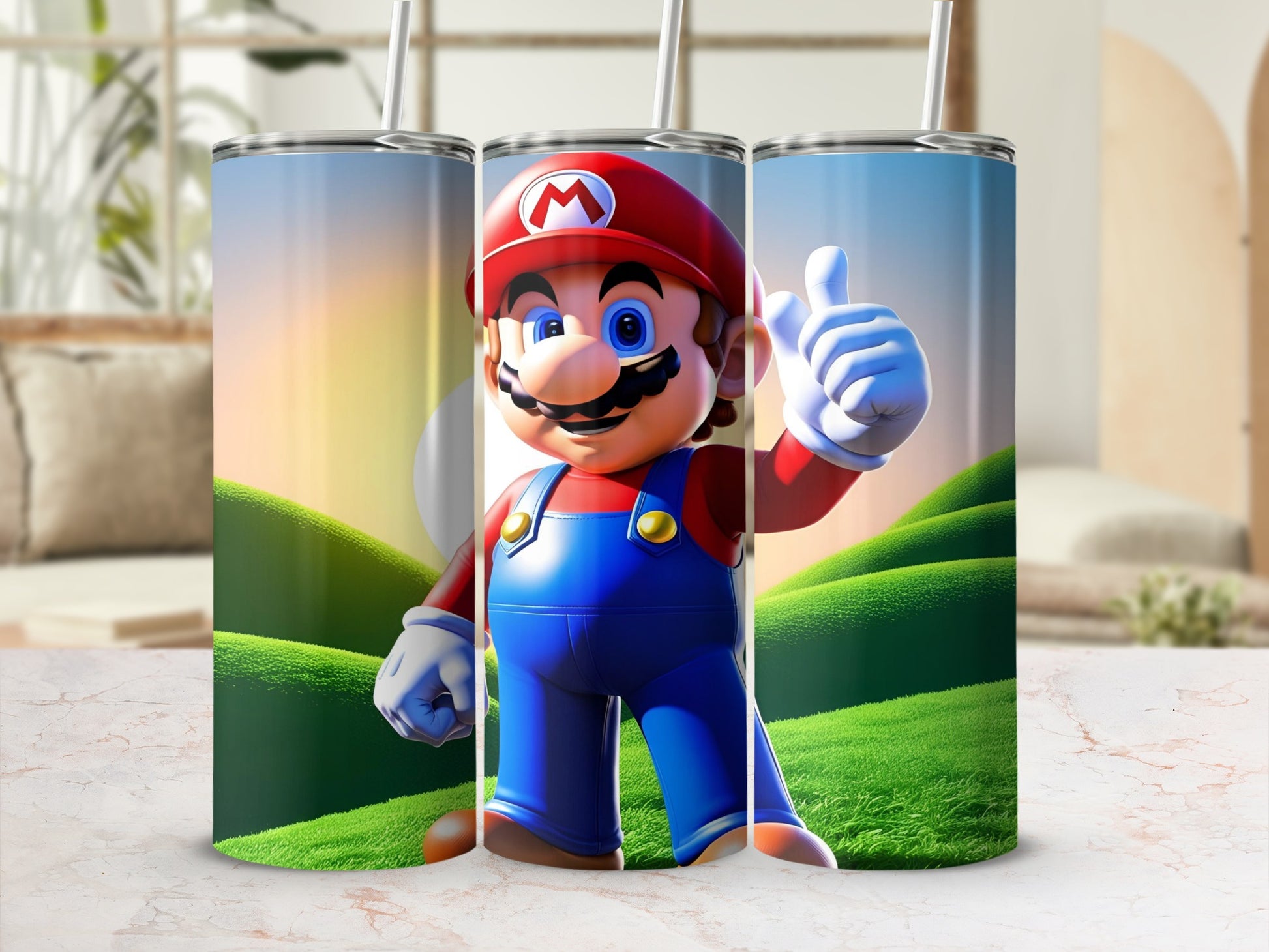 Super Mario character giving thumbs up on a grassy hill.