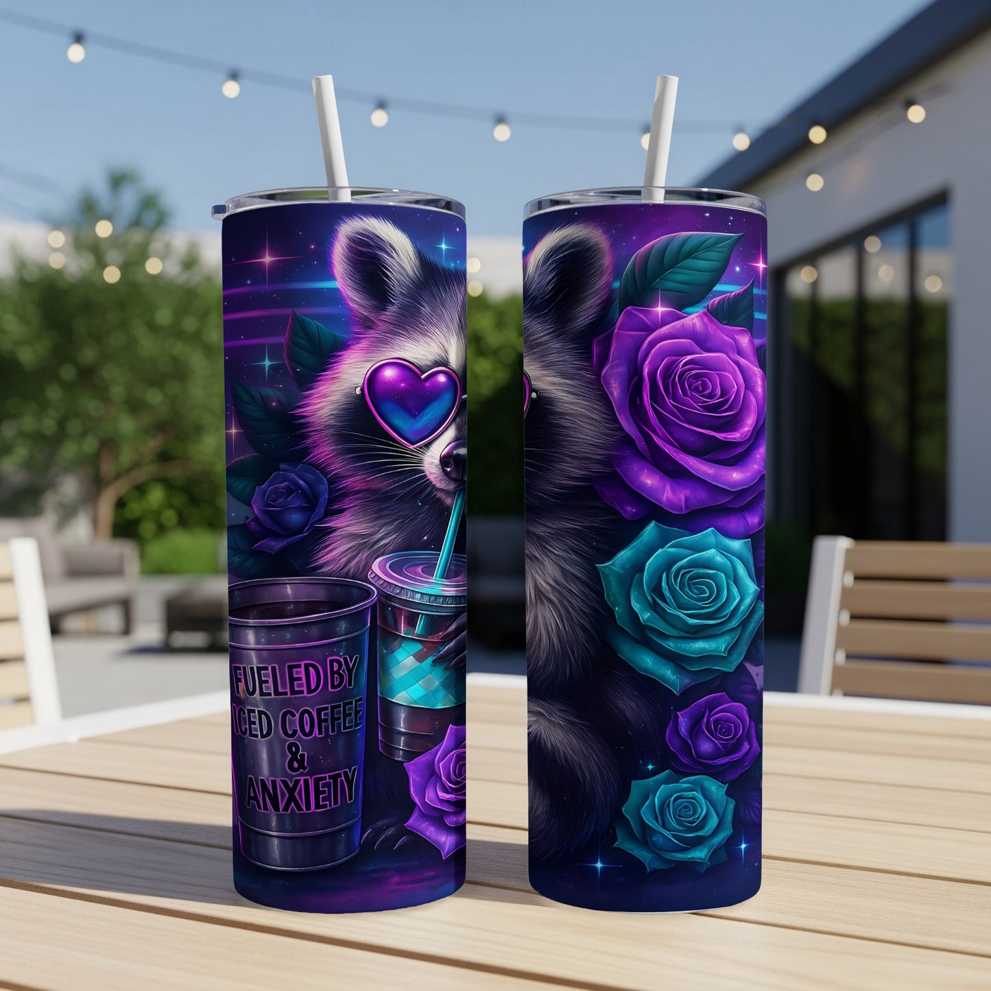 Two tumblers with a raccoon wearing heart sunglasses and roses, one tumbler reads "Fueled by Iced Coffee & Anxiety."