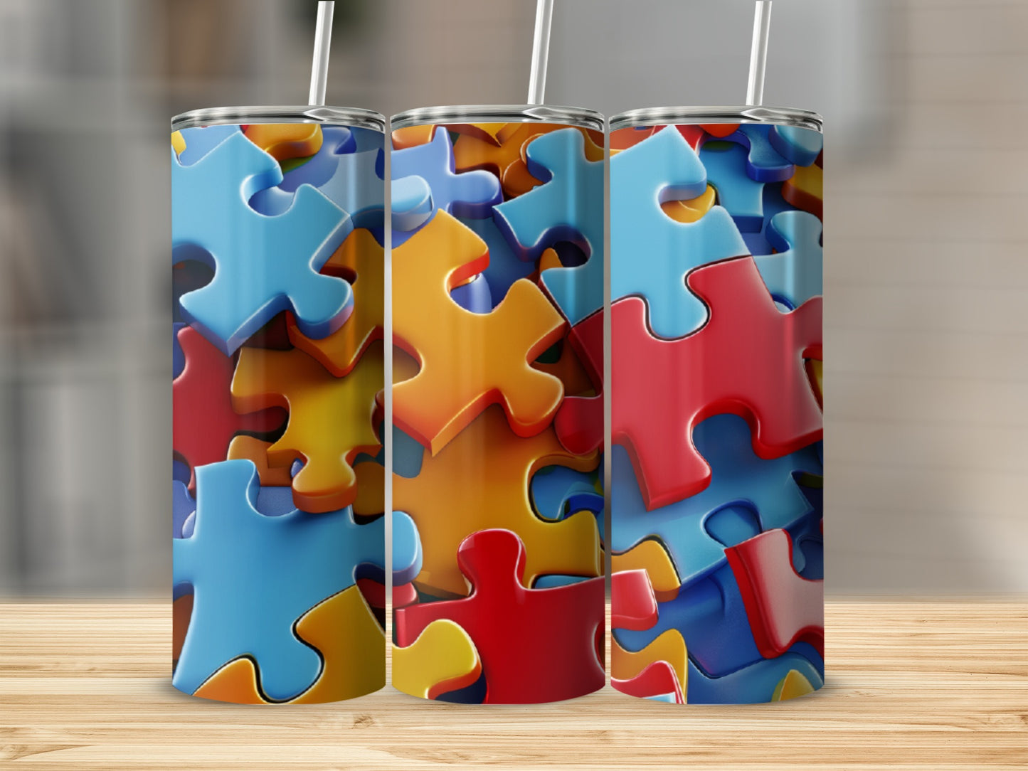 Colorful, interlocking puzzle pieces cover this tumbler.