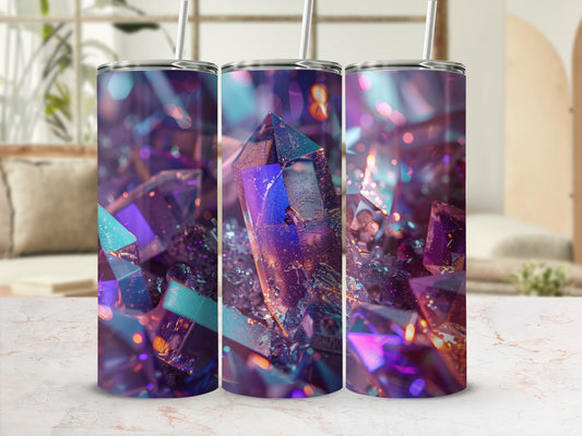 Three tumblers with a vibrant, shimmering amethyst crystal design.