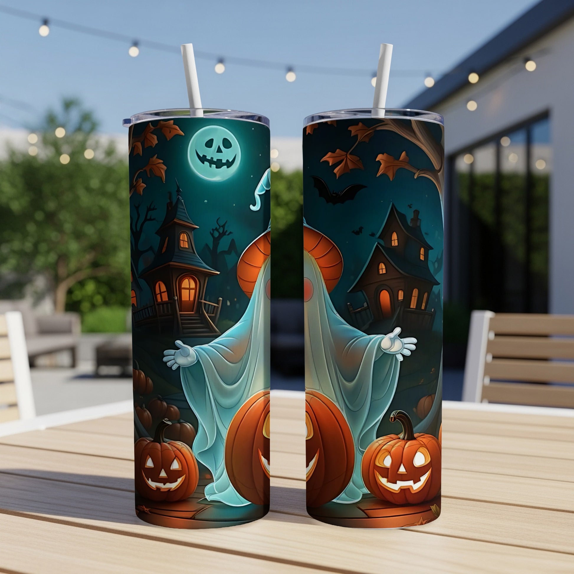 Two Halloween-themed tumblers with ghosts, pumpkins, and haunted houses.