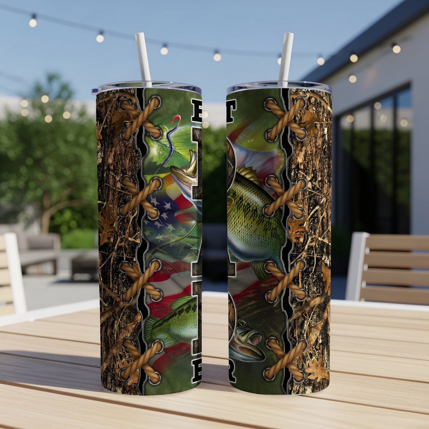 Two tumblers with bass fishing and American flag design.