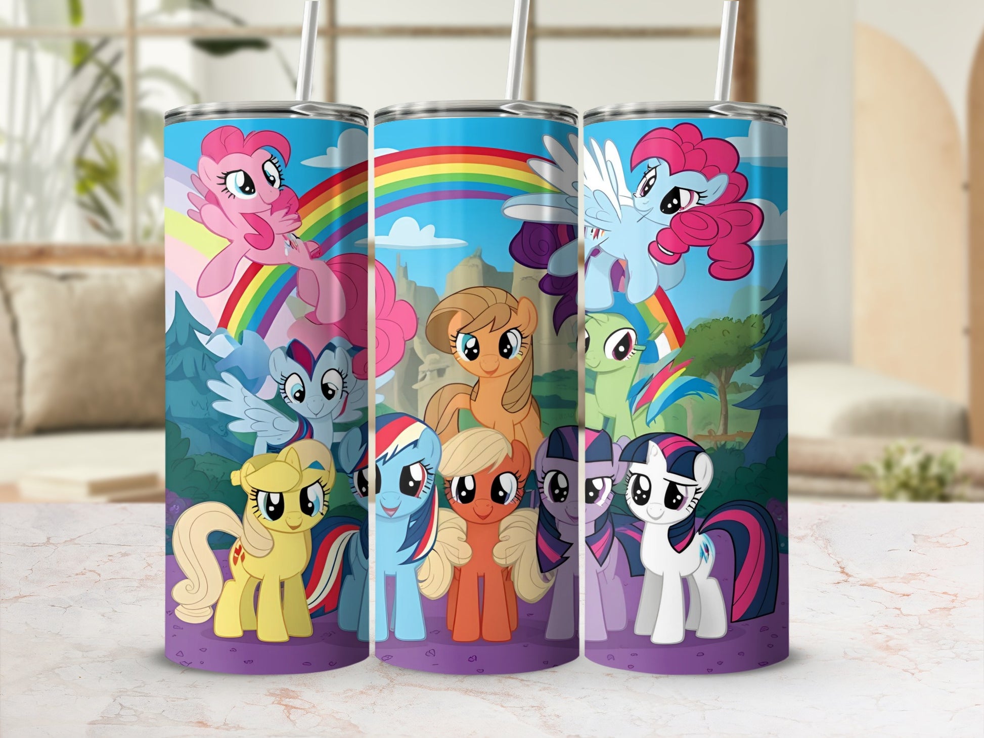 My Little Pony characters on a rainbow background.
