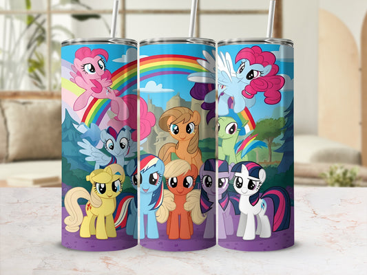 My Little Pony characters on a rainbow background.
