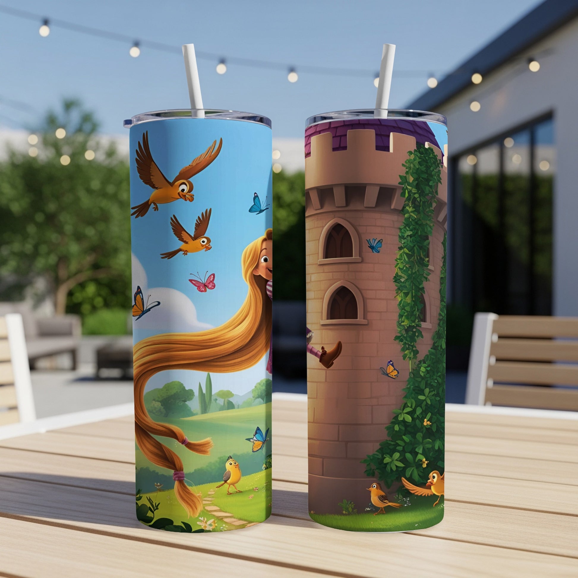 Two tumblers featuring Rapunzel's tower and hair, with birds and butterflies.
