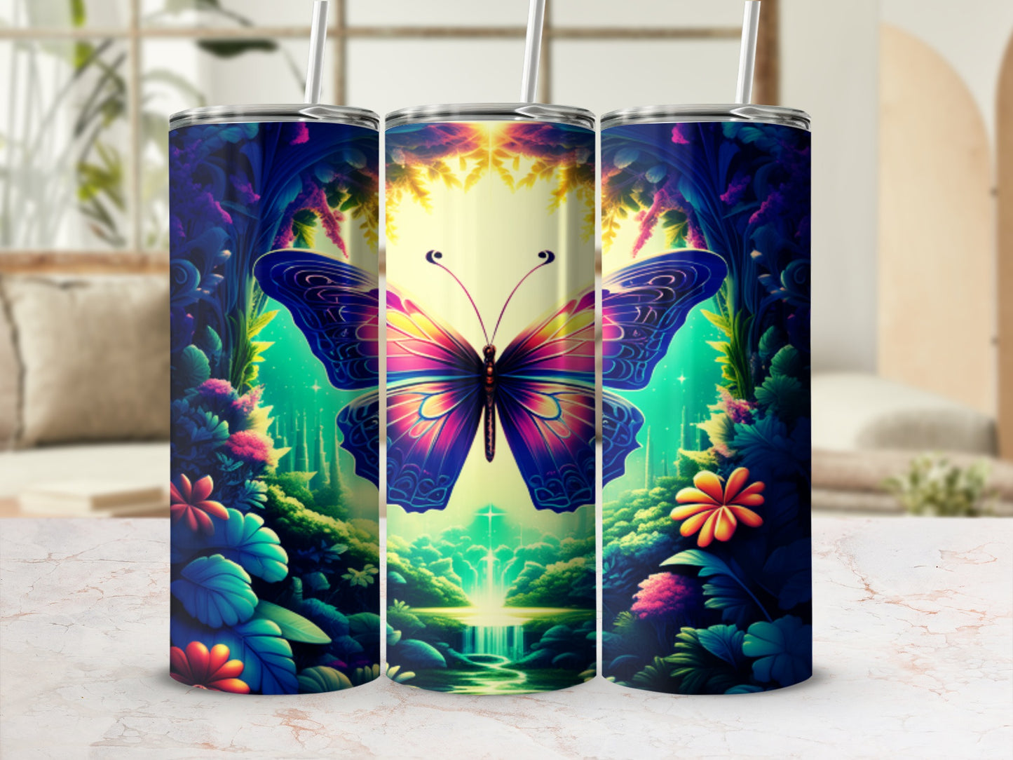 Butterfly and floral design on a blue and purple themed tumbler with a light green background.