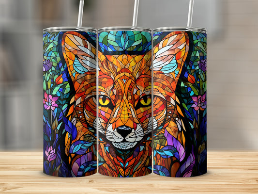 Stained glass fox with colorful floral patterns on three tumblers.