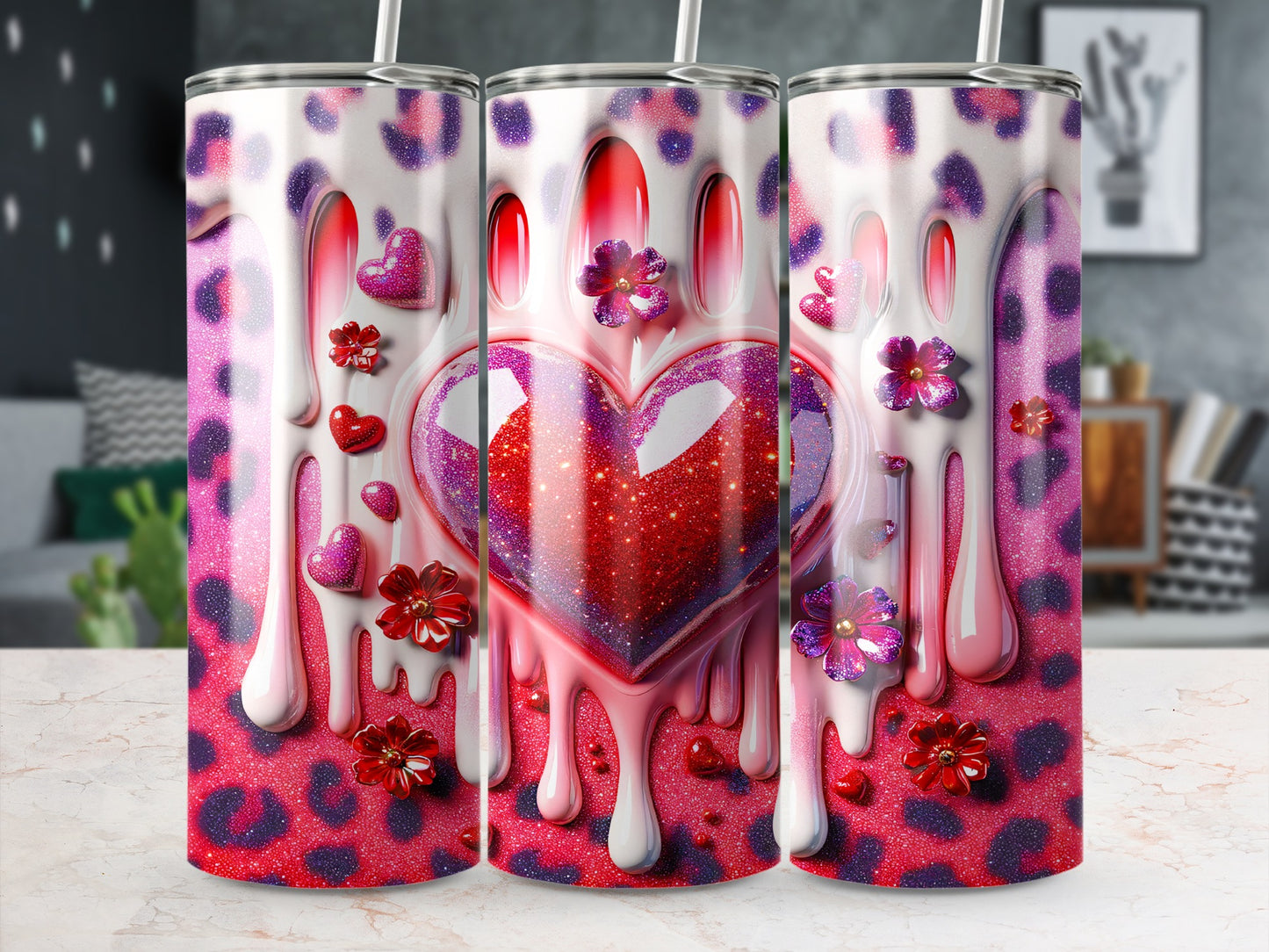 Valentine's Day! Sparkly Heart Flowers Dripping Decoration Design Tumblers