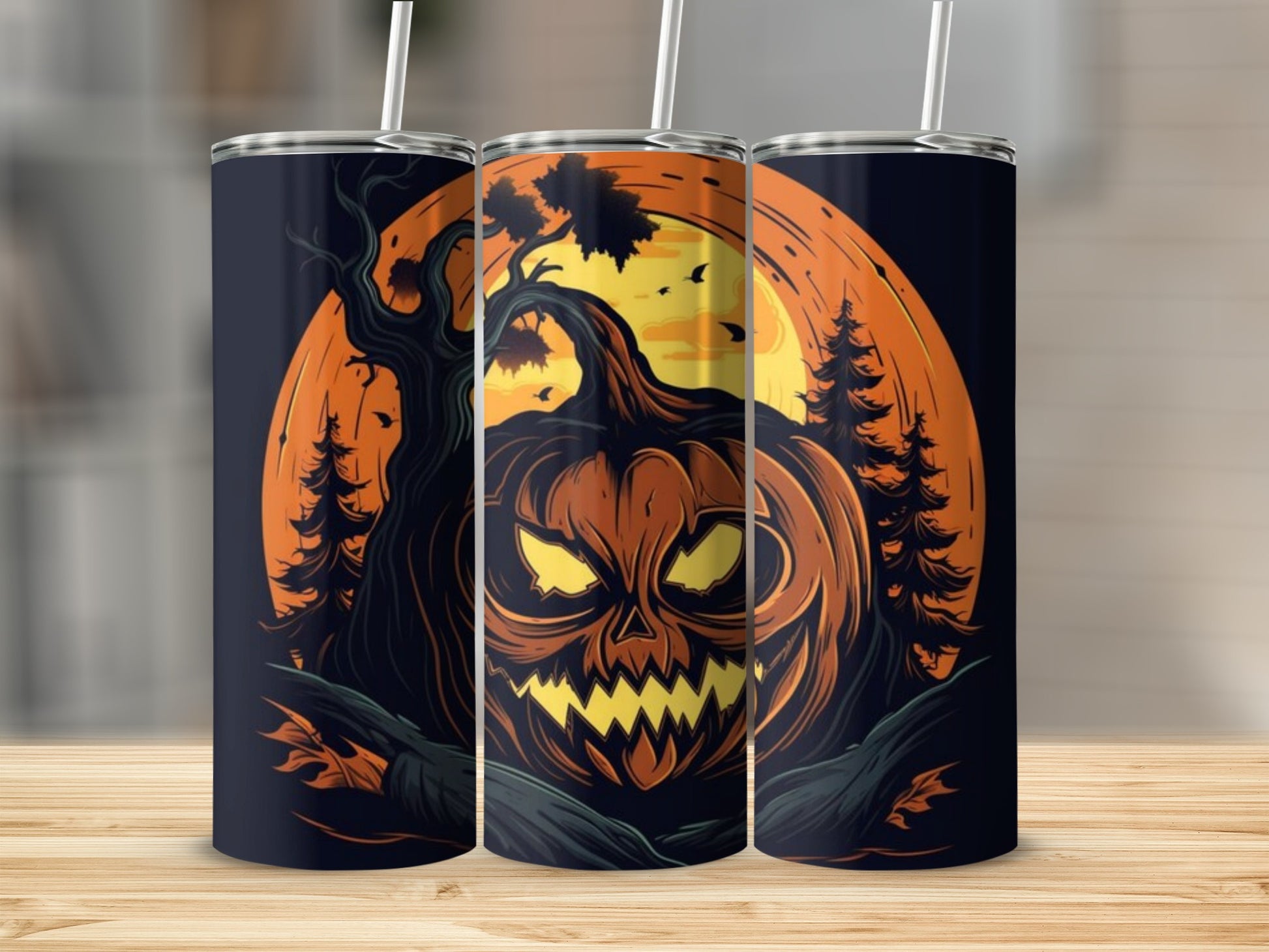 Three tumblers feature a spooky jack-o'-lantern and moon Halloween design.