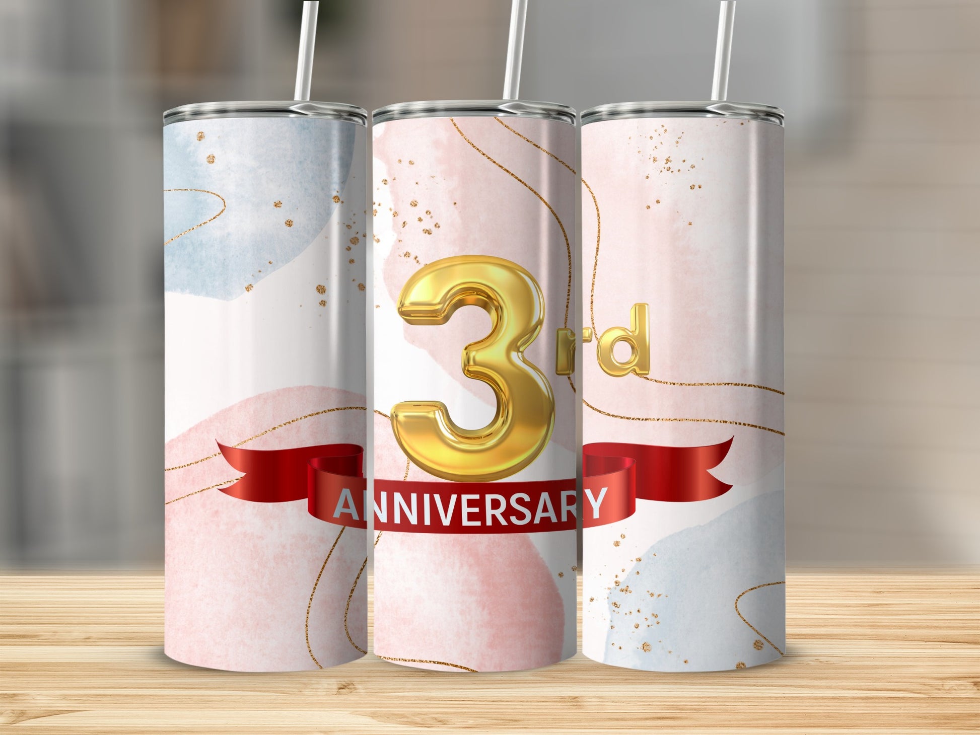 Three tumblers with a watercolor design and "3rd ANNIVERSARY" text.
