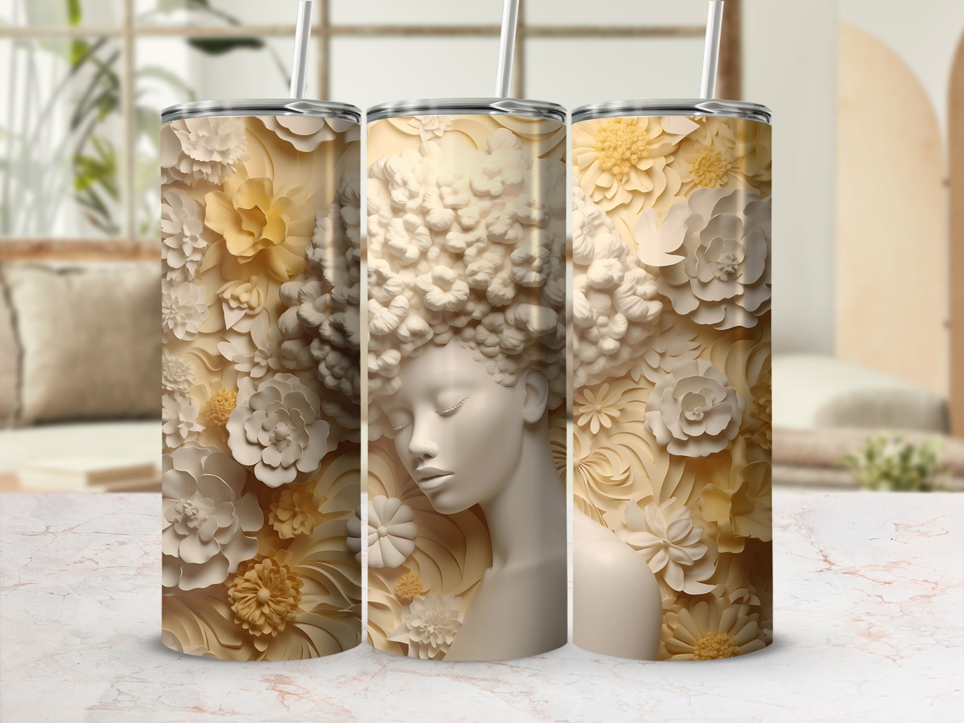 Three floral-patterned tumblers featuring a woman's profile with flower hair.